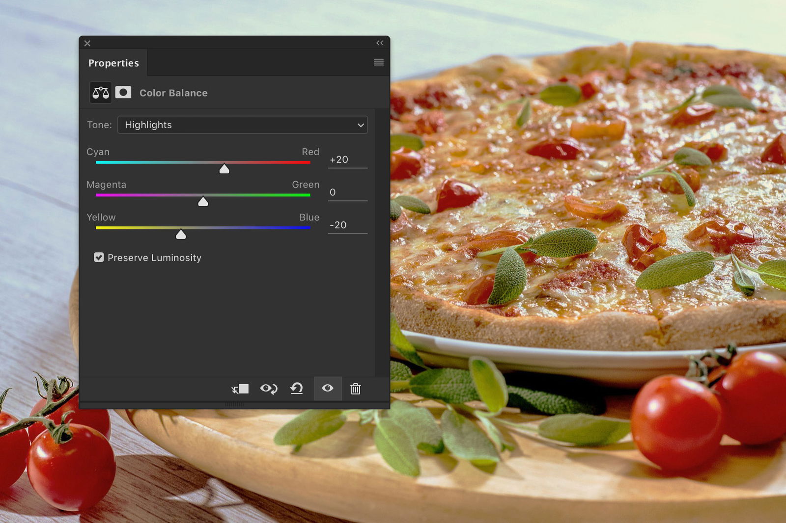 A screenshot showing how to edit food photography in Photoshop using highlights