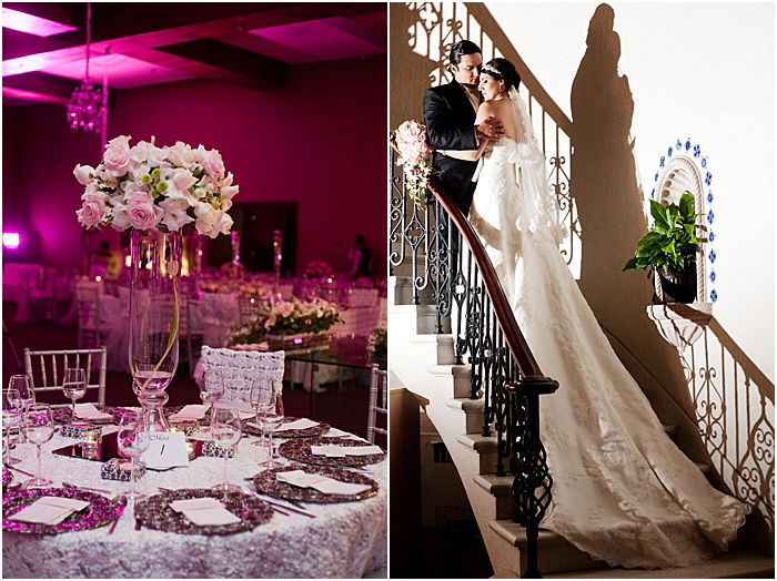 A wedding portrait diptych of the venue and the couple embracing on a stairs - wedding flash photography