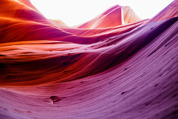 Canyon walls, with a purple hue pervading the sandstone. 