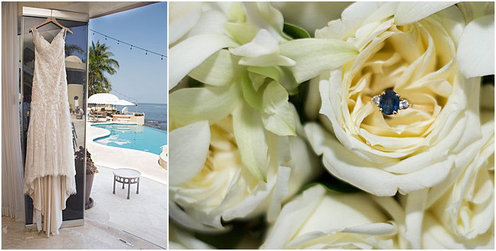 A wedding portrait diptych of the wedding dress and flowers - wedding flash photography