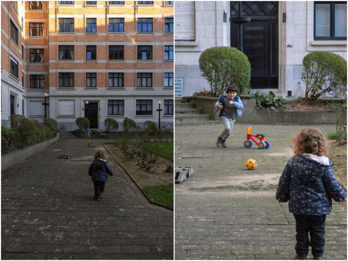 Diptych candid photo of a child playing outdoors showing the effect of perspective compression when moving from 24mm to 200 mm.