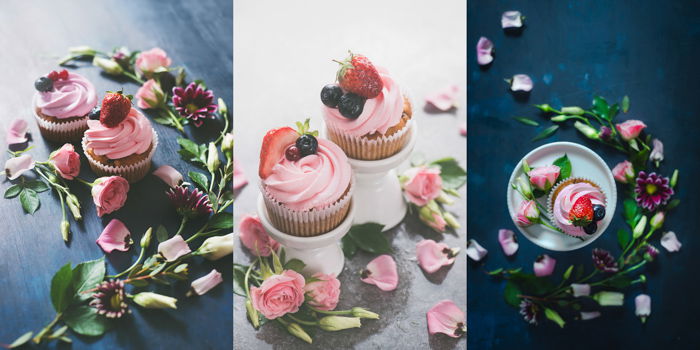 Cute food themed still life featuring cupcakes and flowers as an example for spring photography ideas