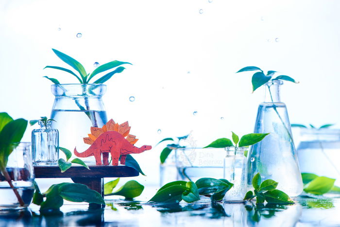 Cool still life featuring glass jars, leaves and paper dinosaurs as an example for spring photography ideas