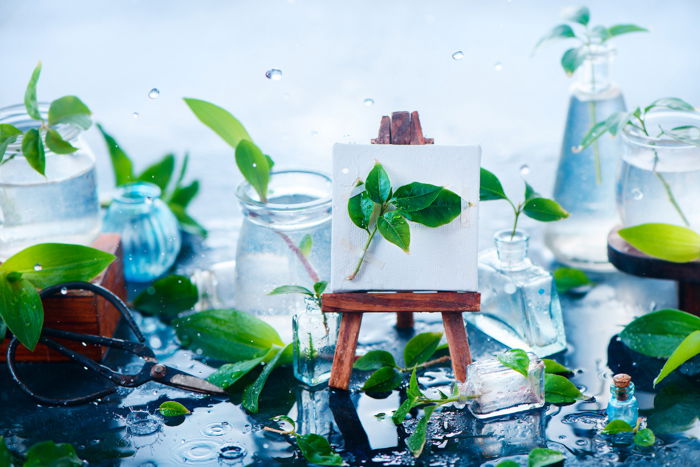 Bright and airy garden themed still life shot with a speedlight