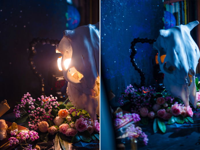 Creative occult themed still life diptych shot with a speedlight