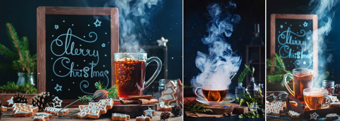 Creative christmas themed still life triptych shot with a speedlight