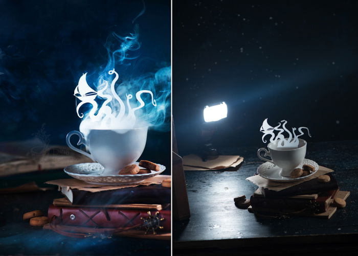 Creative fantasy themed still life diptych shot with a speedlight