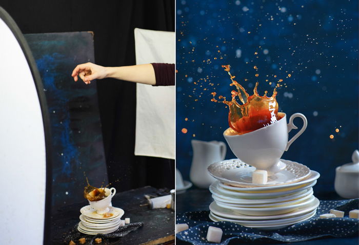 Creative coffee themed diptych of the still life setup and final result shot with a speedlight