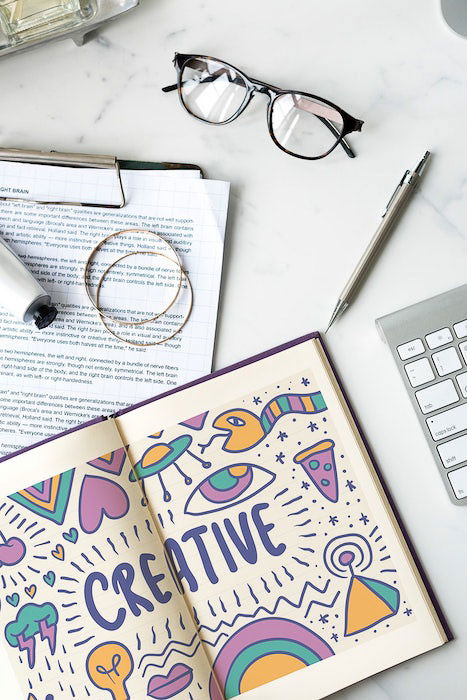 Overhead shot of a pohtographers office desk - create a storyboard for photography projects