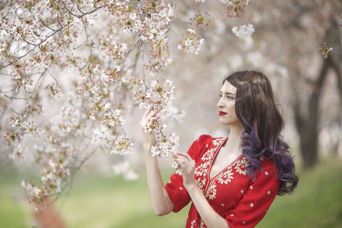 A femal model in red dress holding the branches of a cherry blossom tree