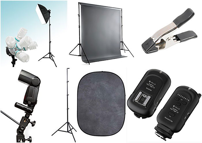 a range of photography equipment for a portable studio