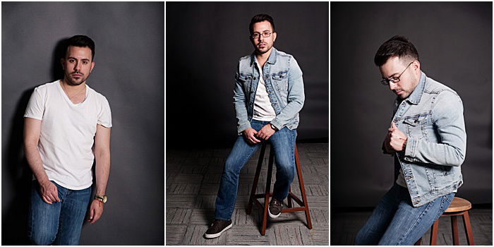 A triptych portrait of a male model taken in a portable photo studio