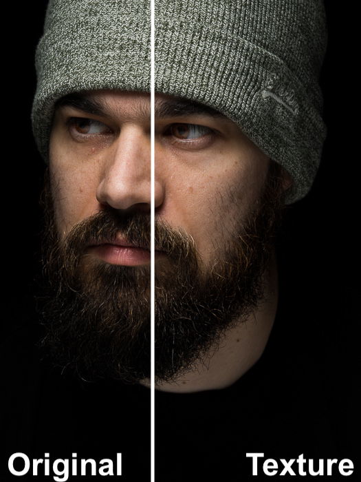 Split image showing the effects of Lightrooms texture control slider on a portrait of a male model