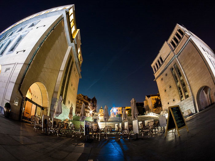 A street scene in Brussels shot with a fisheye lens