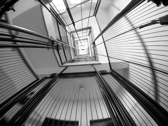 Atmospheric fisheye photo of the interior of an elevator