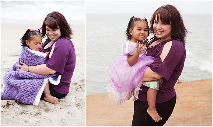 A diptych portrait of a mother and young daughter on the beach