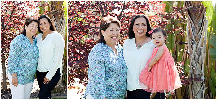 A diptych portrait of a mother and two adult daughters outdoors in a park