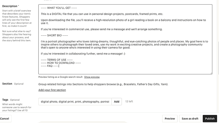A screenshot of writing a description to sell photos on Etsy