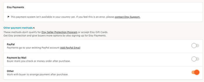 A screenshot of choosing payments to sell photos on Etsy