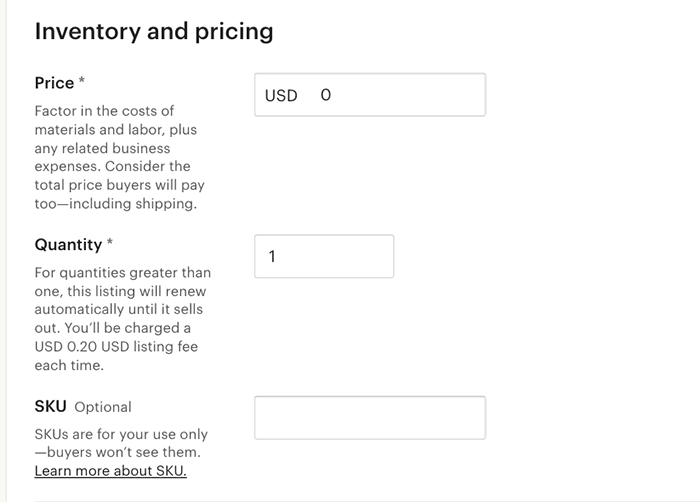 A screenshot of inventory and pricing to sell photos on Etsy