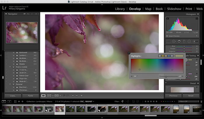 A screenshot showing how to use split toning in Lightroom