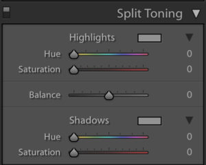 A screenshot showing how to use split toning in Lightroom