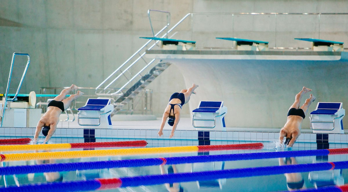 Three swimmers diving into a pool for a race as an example of swimming photography