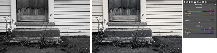 diptych showing the same monochrome photo of a doorstep with different tones