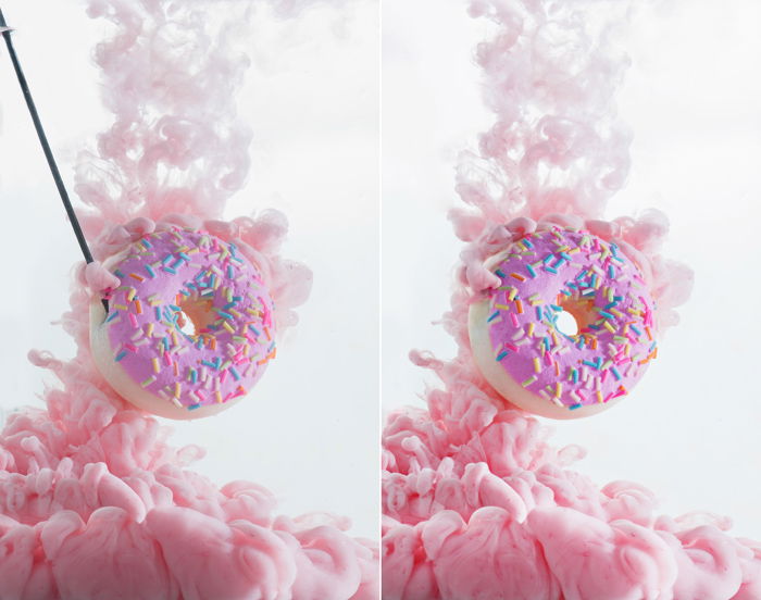 A diptych of a doughnut with frosting and sprinkles and a cloud of acrylic to shoot colorful paint in water photography