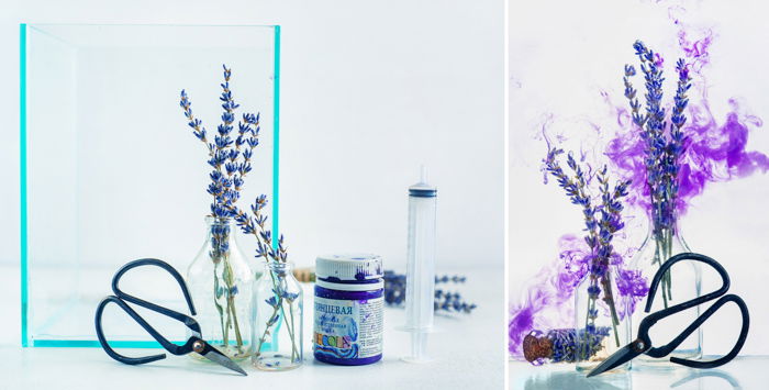 A still life diptych with purple cloud shot using colorful paint in water photography technique