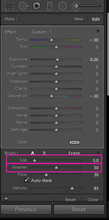 A screenshot showing how to whiten eyes and teeth in Lightroom - size and feather sliders