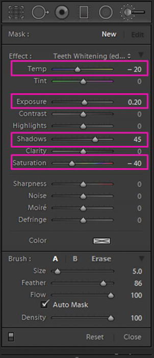 A screenshot showing how to whiten eyes and teeth in Lightroom 