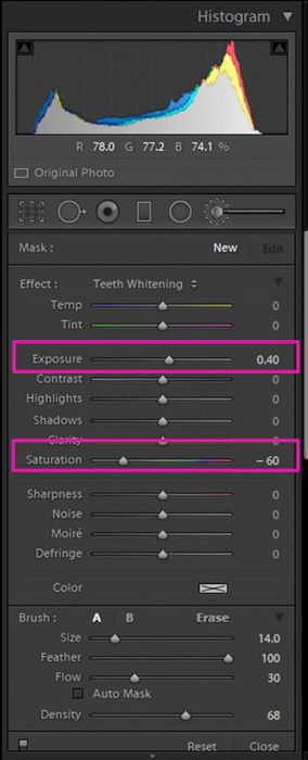 A screenshot showing how to whiten eyes and teeth in Lightroom - Lightroom's teeth whitening preset 