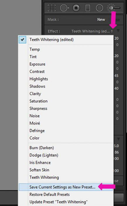 A screenshot showing how to whiten eyes and teeth in Lightroom - how to save a brush preset