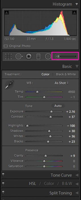 A screenshot showing how to locate and select the Adjustment Brush Tool in Lightroom - how to whiten teeth in Lightroom