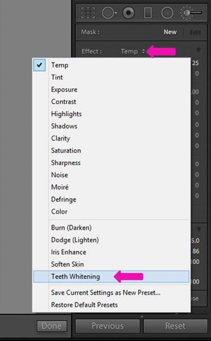 A screenshot showing how to whiten eyes and teeth in Lightroom 