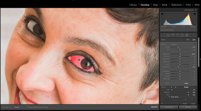 A screenshot showing how to whiten eyes in Lightroom 