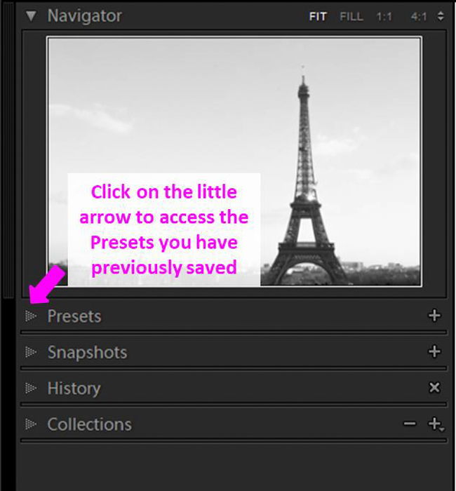 A screenshot showing how to save a sepia tone preset in Lightroom