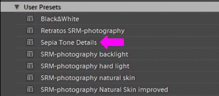 A screenshot showing how to save a sepia preset in Lightroom