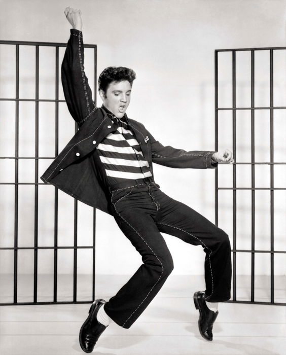 black and white vintage portrait of Elvis dancing