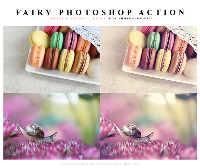 Screenshot of a free fairy Photoshop action graphic with before-and-after images of macarons and a snail