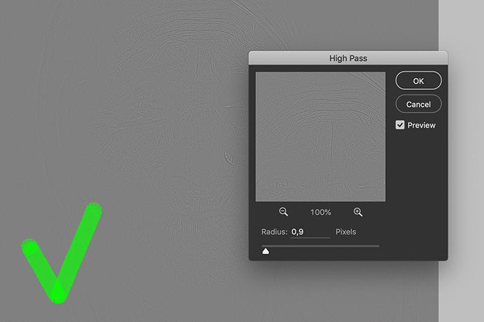 A screenshot showing how to adjust sharpening with the High Pass Filter in Photoshop