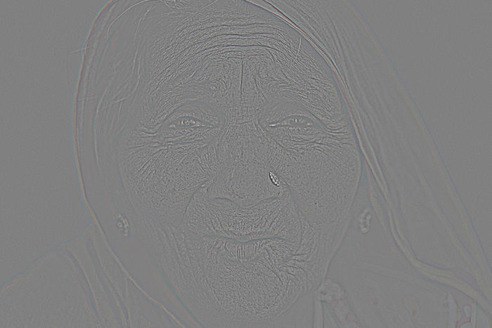 Grey inverted image of a womans face created with the High Pass Filter in Photoshop