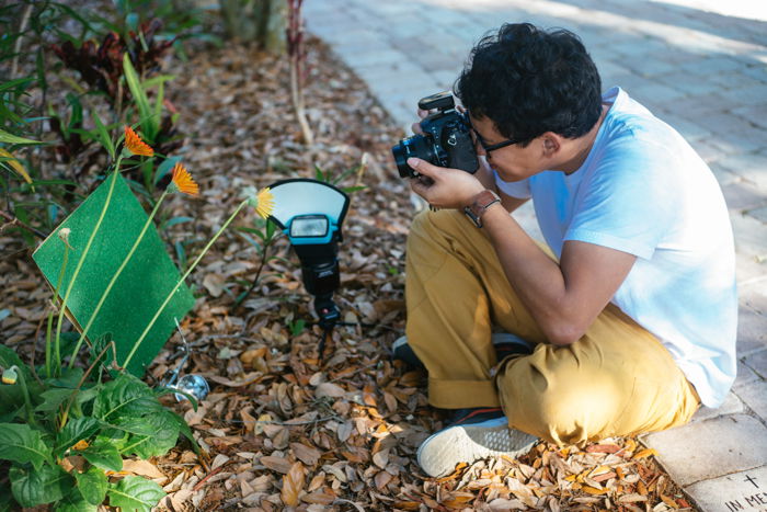 Macro photography lighting setup for shooting flowers outdoors