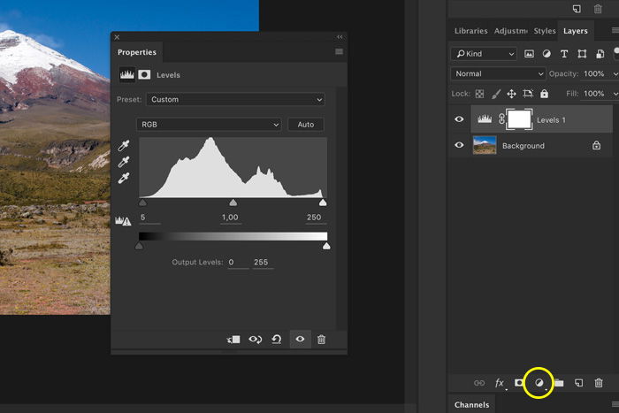 screenshot showing how to photoshop landscape photos - adjust the levels