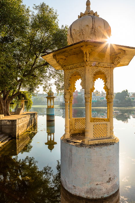 sculptural structures in a lake on a sunny day 