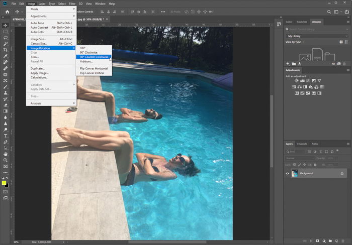 Screenshot of Photoshop workspace showing steps to rotate the image counter clockwise.
