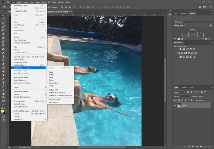 Screenshot of Photoshop workspace. Steps to rotate the image counter clockwise using the transform tool.