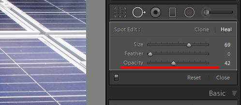 a screenshot showing how to use clone tool in lightroom to edit photos - opacity