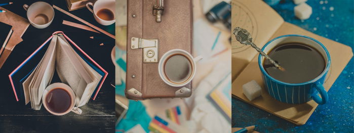 a triptych of creative still lifes featuring coffee cups with reflections